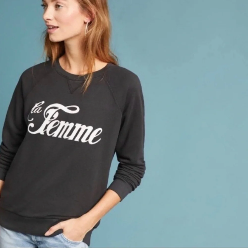 Anthropologie Sol Angeles La Femme Script Charcoal Grey Crewneck Sweatshirt XL - Picture 2 of 7